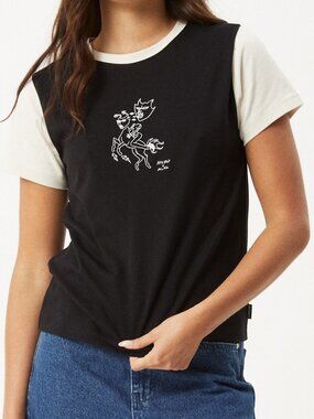 Afends Karlee Embroidered Two Tone Recycled Cotton Tee – Size Small